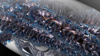 An intricate and abstract digital art piece featuring swirling, crystalline structures with a metallic sheen. The design is complex, resembling a fusion of mechanical and organic elements that create a sense of depth and movement.
