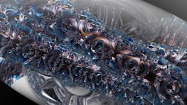 An intricate and abstract digital art piece featuring swirling, crystalline structures with a metallic sheen. The design is complex, resembling a fusion of mechanical and organic elements that create a sense of depth and movement.