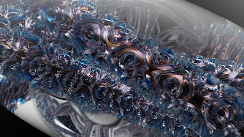 An intricate and abstract digital art piece featuring swirling, crystalline structures with a metallic sheen. The design is complex, resembling a fusion of mechanical and organic elements that create a sense of depth and movement.