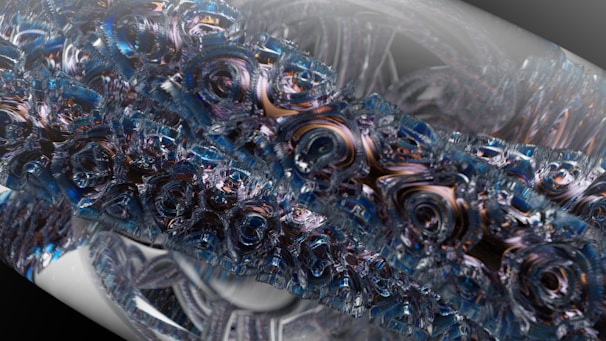 An intricate and abstract digital art piece featuring swirling, crystalline structures with a metallic sheen. The design is complex, resembling a fusion of mechanical and organic elements that create a sense of depth and movement.