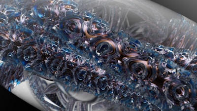An intricate and abstract digital art piece featuring swirling, crystalline structures with a metallic sheen. The design is complex, resembling a fusion of mechanical and organic elements that create a sense of depth and movement.