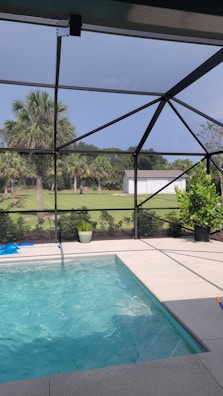 An outdoor pool with clear blue water is surrounded by a screened enclosure. The area is landscaped with potted plants and there is a lush green lawn with several palm trees visible in the background. A white building is situated beyond the lawn, and the sky above is clear and sunny.