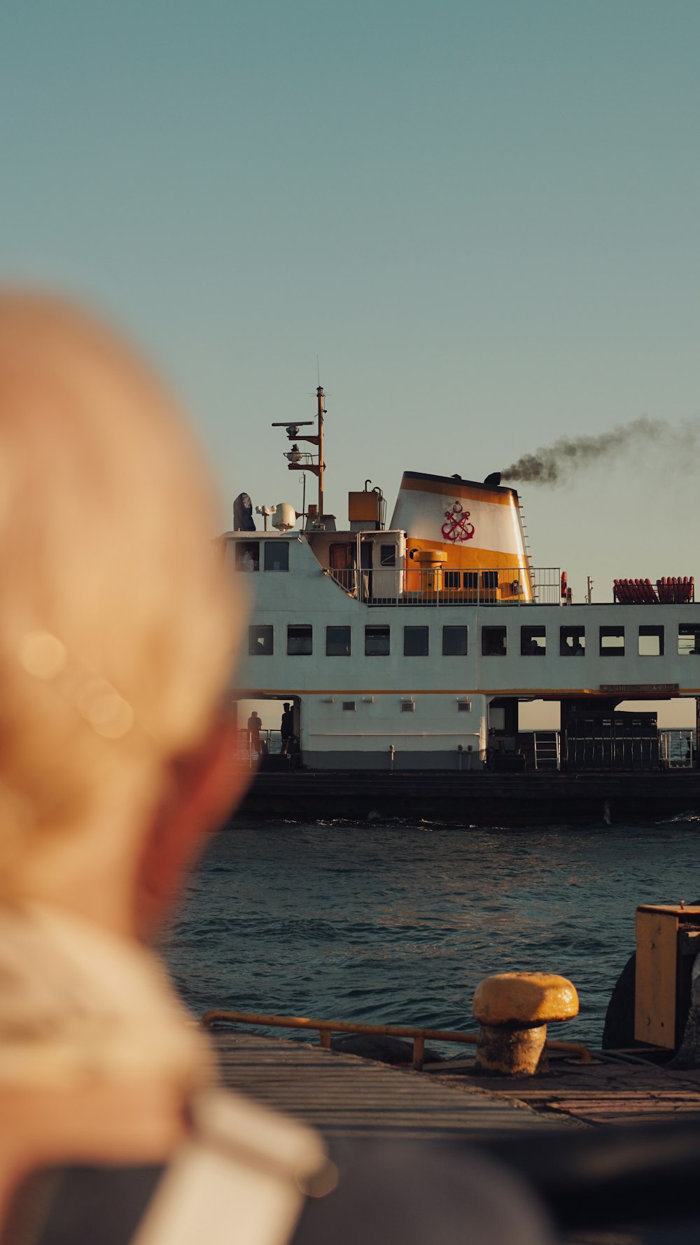 a person looking at a boat in the water