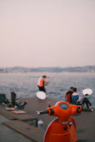 A discreet, functional fishing edition scooter parked near a serene lake at dawn, designed for quiet access to remote spots.