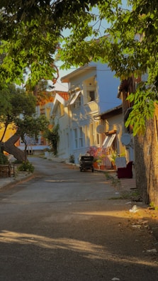 A charming Solvang neighborhood street lined with cozy homes and greenery.