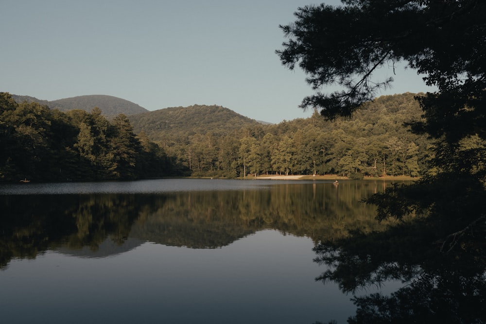 uno specchio d'acqua circondato da alberi e montagne