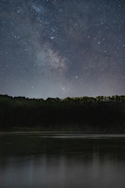 A serene night sky filled with countless stars stretches over a dark silhouette of a forested landscape. The Milky Way galaxy is prominently visible, providing a stunning celestial display. Below, calm waters reflect the faint glow of the night.