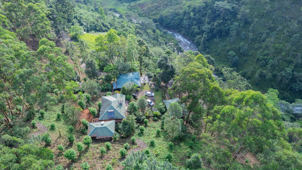 an aerial view of a house in the middle of a forest