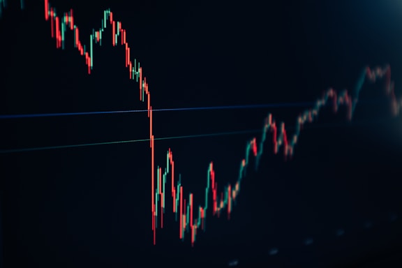 A financial chart displaying a downward trend with multiple sharp peaks and valleys. The chart features predominantly red and green candlesticks against a dark background, indicating fluctuations in market values.