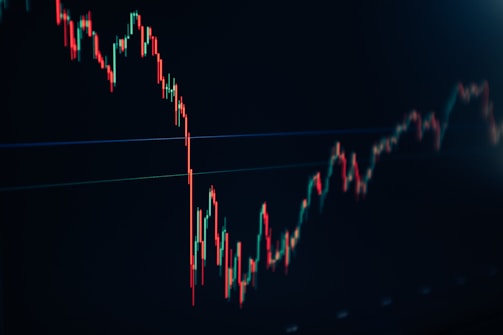 A financial chart displaying a downward trend with multiple sharp peaks and valleys. The chart features predominantly red and green candlesticks against a dark background, indicating fluctuations in market values.