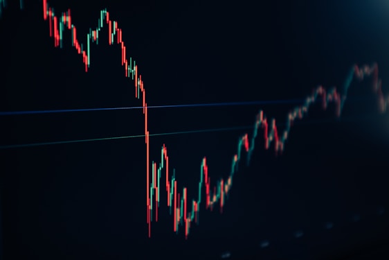 A financial chart displaying a downward trend with multiple sharp peaks and valleys. The chart features predominantly red and green candlesticks against a dark background, indicating fluctuations in market values.