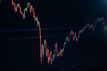 A financial chart displaying a downward trend with multiple sharp peaks and valleys. The chart features predominantly red and green candlesticks against a dark background, indicating fluctuations in market values.