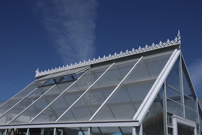 A greenhouse structure with a pitched glass roof decorated with ornate white trim against a clear blue sky. The roof consists of multiple glass panels supported by white metal framing, and an intricate white decorative ridge adorns its top.