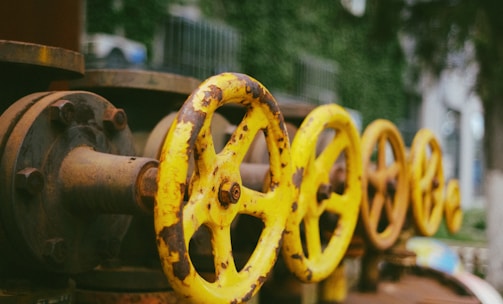 a row of yellow and black fire hydrants sitting next to each other