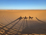 Tourists riding camels across the endless dunes under a bright blue sky.