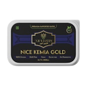 A rectangular packaging for 'NICE KEMIA GOLD' dates, featuring a black and gold design with text indicating it is premium imported, 100% natural, GMO-free, vegan, gluten-free, and contains no preservatives. The net weight is 500 grams.