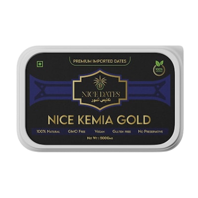 A rectangular packaging for 'NICE KEMIA GOLD' dates, featuring a black and gold design with text indicating it is premium imported, 100% natural, GMO-free, vegan, gluten-free, and contains no preservatives. The net weight is 500 grams.