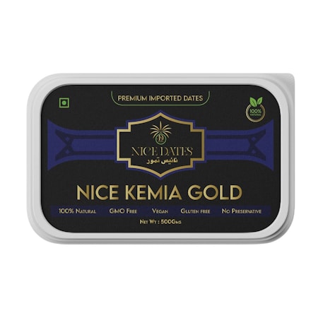 A rectangular packaging for 'NICE KEMIA GOLD' dates, featuring a black and gold design with text indicating it is premium imported, 100% natural, GMO-free, vegan, gluten-free, and contains no preservatives. The net weight is 500 grams.
