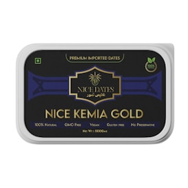 A rectangular packaging for 'NICE KEMIA GOLD' dates, featuring a black and gold design with text indicating it is premium imported, 100% natural, GMO-free, vegan, gluten-free, and contains no preservatives. The net weight is 500 grams.