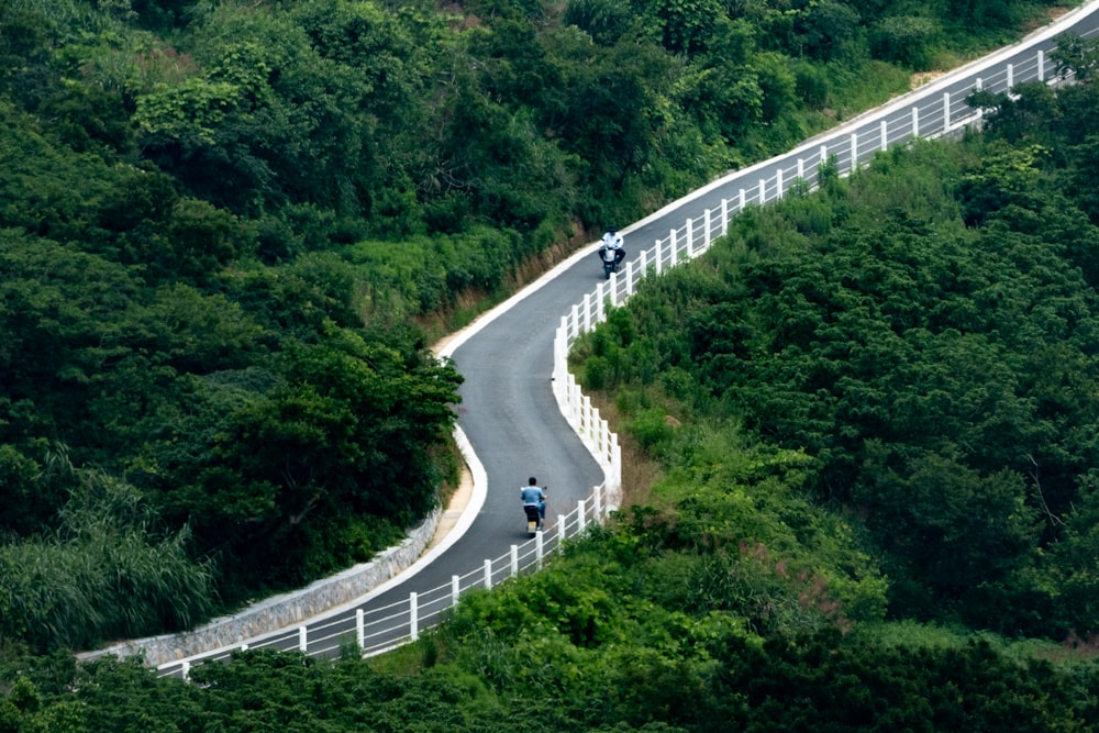 a couple of people riding bikes down a winding road