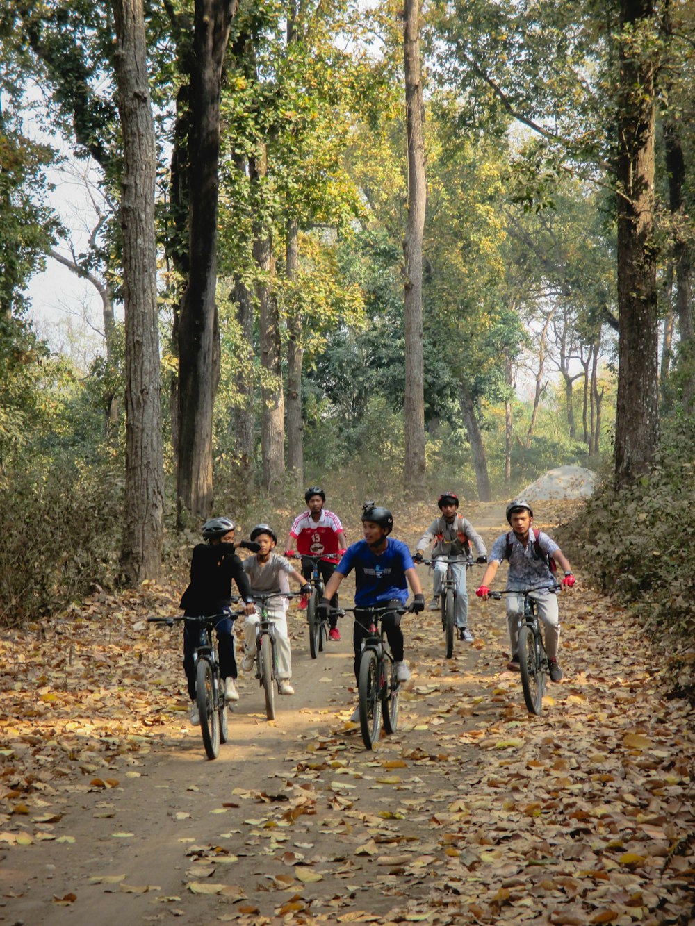 a group of people riding bikes down a leaf covered road