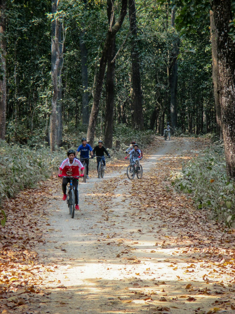 a group of people riding bikes down a dirt road