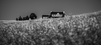 A black and white image of a house situated at the top of a hill, surrounded by a large, blurred field. The house features distinct architectural details and is framed by trees.