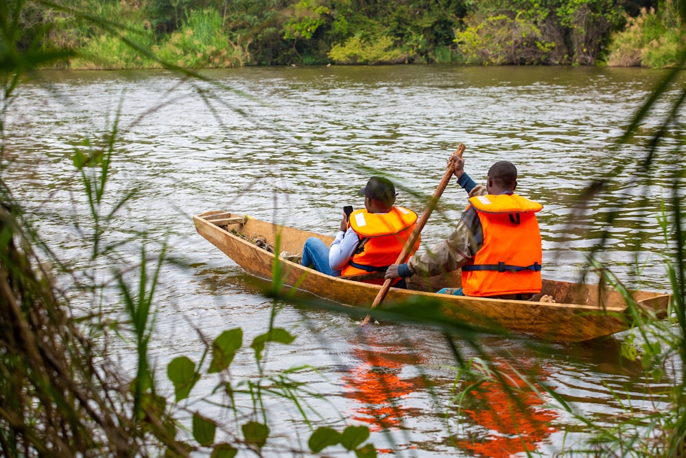 two people in a canoe paddling down a river