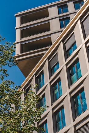 a tall building with lots of windows next to a tree