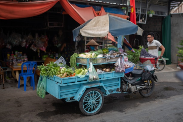 A small motorized cart carrying an assortment of fresh vegetables and produce is parked on a street. The cart is blue and has a canopy. Various vegetables like leafy greens, cucumbers, and cabbages are visible. A man is seen nearby, with a shop in the background displaying hanging bags and goods. There is a blue plastic chair next to the cart, and the scene conveys a typical street market or vendor setting.