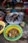 Various bowls and basins are filled with live fish and eels, displayed on the ground in an outdoor market setting. A person wearing green boots is seated nearby, and there is a scale and other market paraphernalia in the background.
