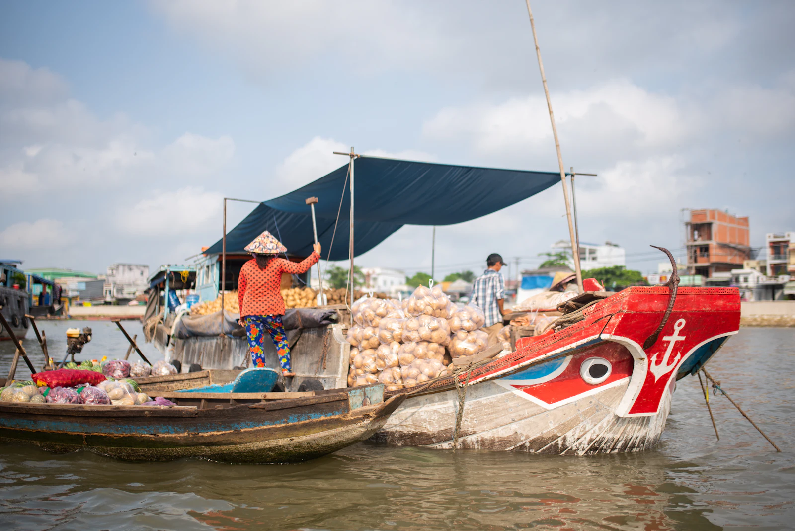 A narrow orchard channel in the Mekong Delta lined with fruit trees