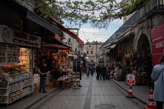 A bustling market street with a variety of shops lining both sides. The shops display a range of goods including spices, teas, and souvenirs. Several people are walking and browsing, creating an atmosphere of lively commerce. Overhead, a canopy of green leaves partially shades the walkway, and the distant architecture adds a historic feel.