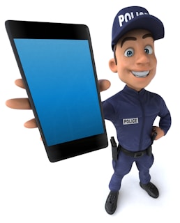A cartoon-like police officer in a blue uniform and cap is holding a large smartphone with a blank blue screen. The officer is smiling and appears friendly, with one hand on his hip.