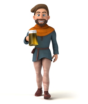 A cartoon character with a cheerful expression holds a mug of beer. The character is dressed in medieval-style clothing, featuring a blue tunic, orange scarf, and brown shoes. The attire includes beige tights, and the character has a beard and a cap.