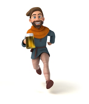 A cartoon character with a bearded face, wearing a medieval-style outfit, consisting of a blue tunic, brown hat, and brown shoes. The character is smiling broadly and holding a large mug of beer while in a running pose.