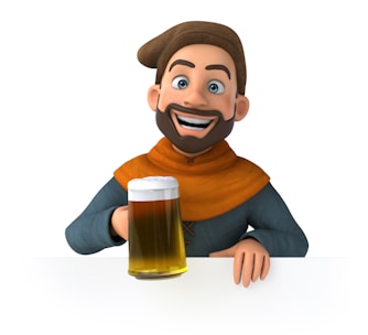 A cartoon character with a cheerful expression holds a mug filled with frothy beer. The character is wearing a hat and an orange scarf over a blue outfit.