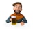 A cartoon character with a cheerful expression holds a mug filled with frothy beer. The character is wearing a hat and an orange scarf over a blue outfit.