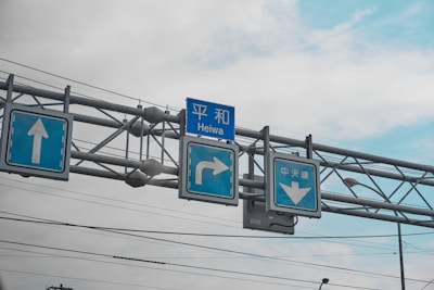 Multiple blue traffic signs are installed on a metal overhead structure. These signs include directional arrows pointing straight, right, and downward, with accompanying text. The background consists of a cloudy sky with some patches of blue visible.