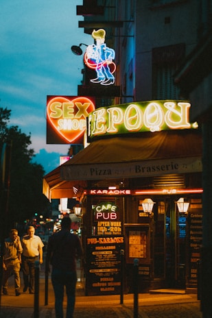 A street scene at night features brightly lit neon signs advertising a sex shop, pub, and brasserie. The signs are colorful and prominent against the dark evening backdrop, attracting attention. People are walking along the sidewalk, adding to the urban night atmosphere.