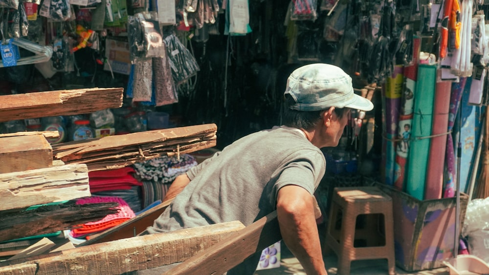 a man sitting on a bench in front of a store