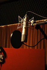 a microphone with a red curtain behind it