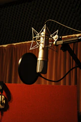 a microphone with a red curtain behind it
