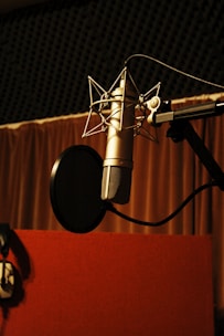 a microphone with a red curtain behind it