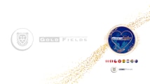 A white background with two main graphic elements. On the left, there is a logo of a stylized lion within a circle, accompanied by the text 'Gold Fields' in a grey font. On the right, a circular emblem with a blue background features a heart outline and the words '#StrongerTogether' overlaid on a map. A trail of gold confetti connects these elements, and below the emblem, several national flags are displayed in a row.