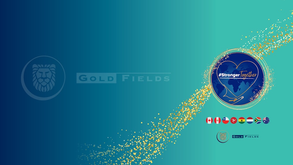 a blue background with a gold field logo