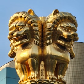 Two golden lion statues with ornate detailing are positioned back-to-back with fierce and majestic expressions. The shiny surface of the sculptures reflects the sunlight, highlighting their intricate manes and muscular bodies. The background shows part of a modern building, adding a contrast between the ancient and contemporary elements.