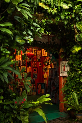 A cozy, vibrant art gallery entrance adorned with lush green foliage. Various colorful artworks are displayed on the walls, featuring abstract and figurative designs. Bright red, orange, and yellow hues create a warm ambiance, while a few small clocks and a red lantern add character to the setting.