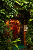 A cozy, vibrant art gallery entrance adorned with lush green foliage. Various colorful artworks are displayed on the walls, featuring abstract and figurative designs. Bright red, orange, and yellow hues create a warm ambiance, while a few small clocks and a red lantern add character to the setting.