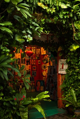 A cozy, vibrant art gallery entrance adorned with lush green foliage. Various colorful artworks are displayed on the walls, featuring abstract and figurative designs. Bright red, orange, and yellow hues create a warm ambiance, while a few small clocks and a red lantern add character to the setting.